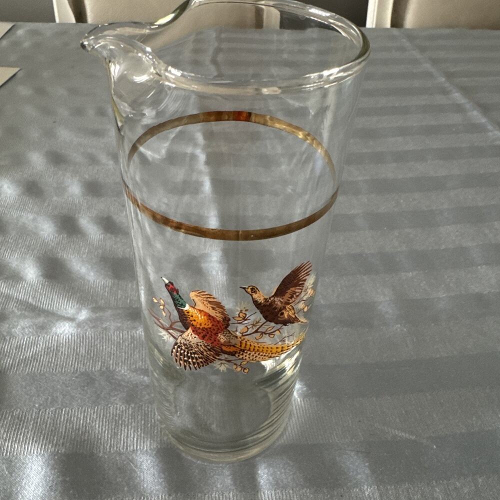 Vintage Cocktail Pitcher 1980s Pheasants Bird Glass Pitcher Gold Trim 8" Holiday